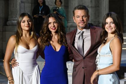 Matt Damon, Luciana Barroso, and kids twin in matching shirts for their daughter’s 18th birthday