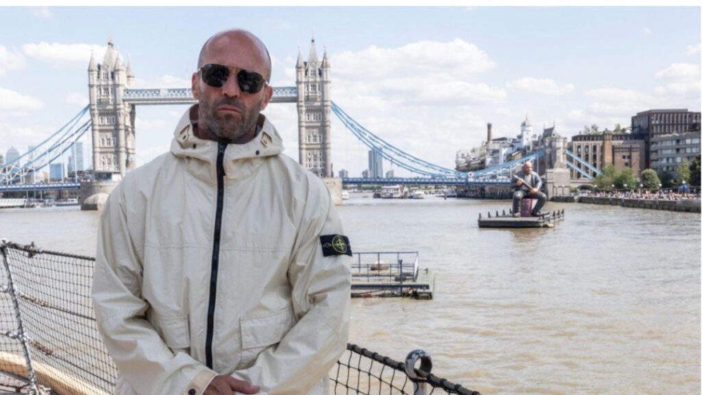 Jason Statham comes face-to-face with his giant inflatable twin for MUTINY