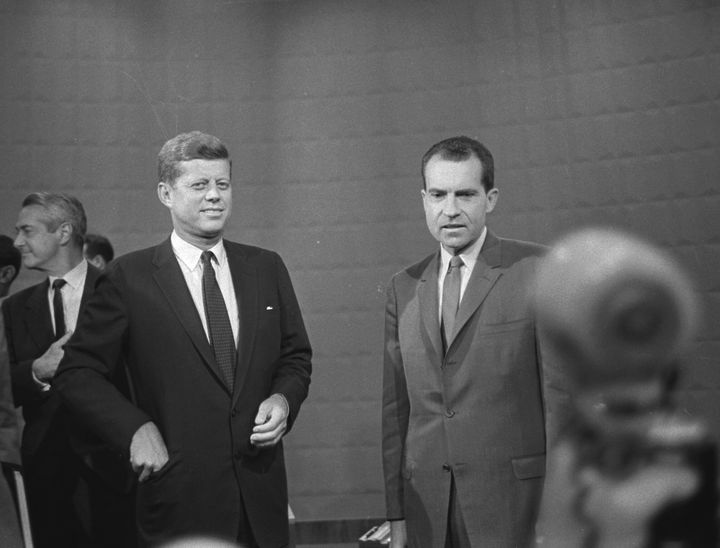 John F. Kennedy (left) and Richard M. Nixon at the first televised presidential debate. Recovering from a cold, Nixon looked pallid and sweaty compared to Kennedy.