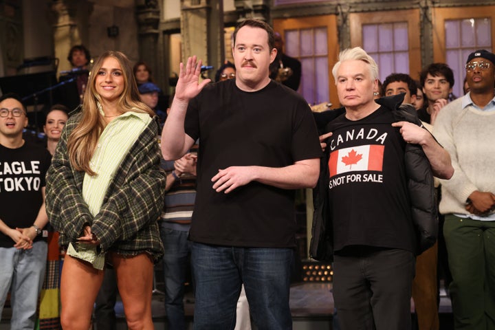 Mike Myers flashed his "Canada is not for Sale" shirt at the end of a March episode of "SNL."