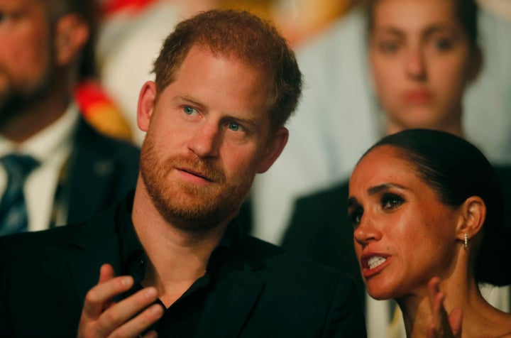 Harry, Duke of Sussex and patron of the Invictus Games (L), and his wife Meghan, Duchess of Sussex, attend the closing ceremony of the 2023 Invictus Games in Düsseldorf, western Germany, on September 16, 2023. The Invictus Games, an international sports competition for wounded soldiers founded by British royal Prince Harry in 2014, took place from September 9 to 16, 2023, in Düsseldorf.