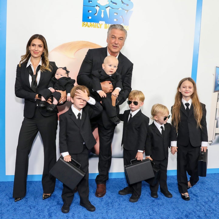 The Baldwins and some of their children (L-R) Lucia, Rafael, Eduardo, Leonardo, Romeo and Carmen Baldwin attend "The Boss Baby: Family Business" June 22, 2021 in New York City.