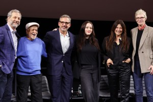 LOS ANGELES, CALIFORNIA - MAY 02: (L-R) Judd Apatow, Gerry Bednob, Steve Carell, Kat Dennings, Catherine Keener and Jane Lynch attend a panel and Q&A before the 20th Anniversary Special Screening Of "The 40 Year-Old Virgin" at David Geffen Theater, The Academy Museum of Motion Pictures on May 02, 2025 in Los Angeles, California. (Photo by Amy Sussman/Getty Images for ABA)
