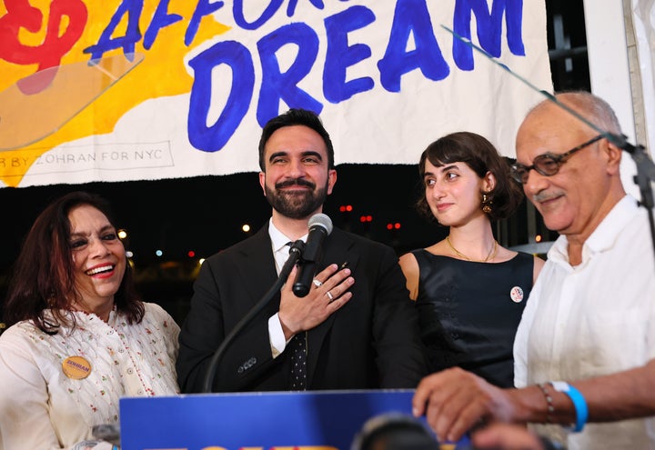 Mamdani's mother, pictured to his left, is filmmaker Mira Nair. His father, to his left, is Mahmood Mamdani, an academic at Columbia University. Also pictured is his wife Rama Duwaji.