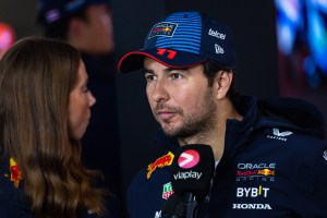 An image of Sergio Perez speaking with media after the F1 Grand Prix of Qatar at Lusail International Circuit.