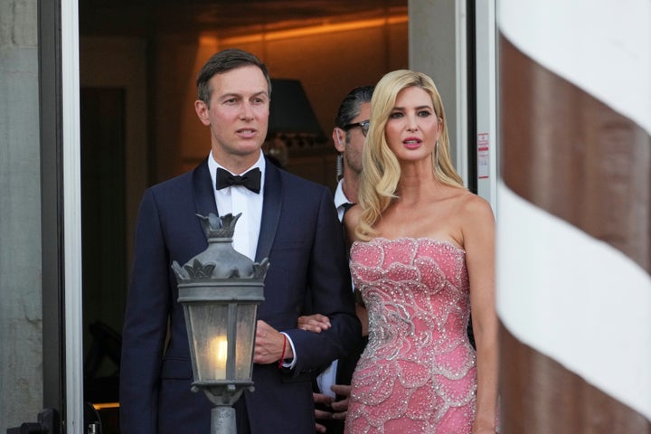 Jared Kushner, left, and Ivanka Trump leave a hotel ahead of the anticipated wedding celebrations of Jeff Bezos and Lauren Sanchez, in Venice, Italy, Friday, June 27, 2025. (AP Photo/Antonio Calanni)