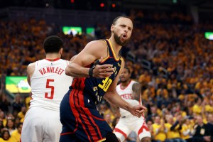 SAN FRANCISCO, CALIFORNIA - APRIL 28: Stephen Curry #30 of the Golden State Warriors reacts during their game against the Houston Rockets in Game Four of the Western Conference First Round NBA Playoffs at Chase Center on April 28, 2025 in San Francisco, California. NOTE TO USER: User expressly acknowledges and agrees that, by downloading and or using this photograph, User is consenting to the terms and conditions of the Getty Images License Agreement. (Photo by Ezra Shaw/Getty Images)