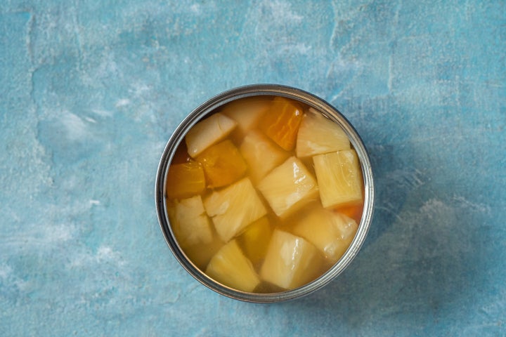 Canned peaches and pineapples are your best bet for fruit, especially if they're not packed in heavy syrup.
